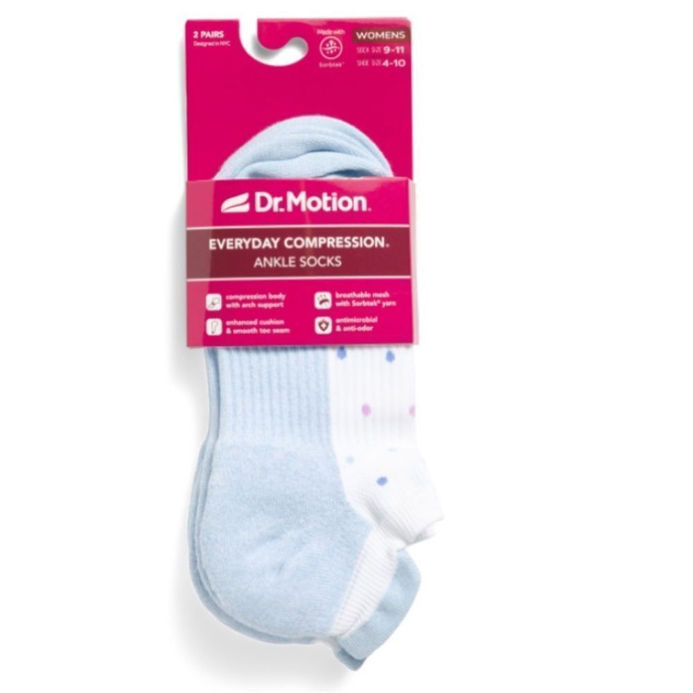 Dr. Motion Ladies 2 Pack White Blue Polka Everyday Compression Tab Ankle Socks